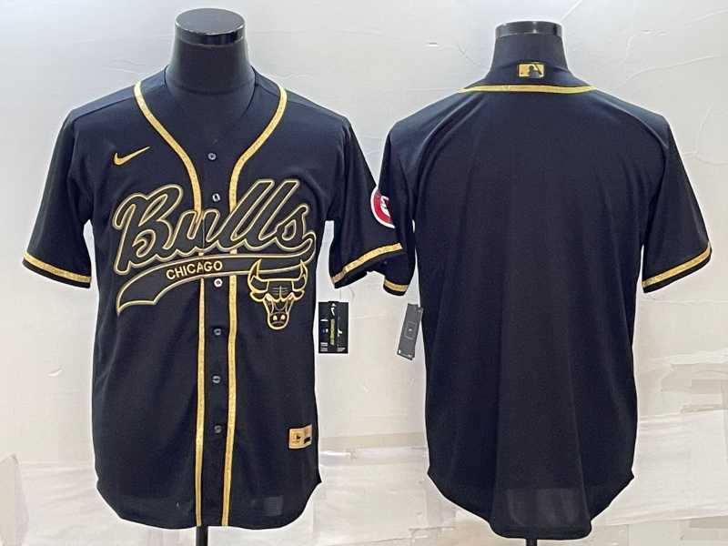 Men%27s Chicago Bulls Blank Black Gold With Patch Cool Base Stitched Baseball Jersey